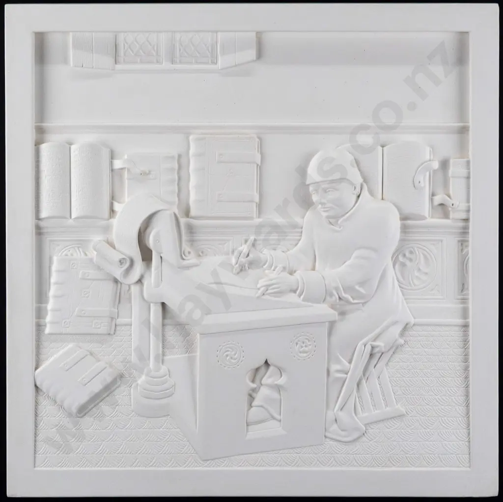 Marcus Wainwright - framed plaster molding of original stone work - medieval scene, man at desk H350 W350 Image 1++