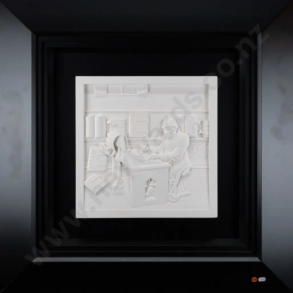 Marcus Wainwright - framed plaster molding of original stone work - medieval scene, man at desk H350 W350 Image 1++