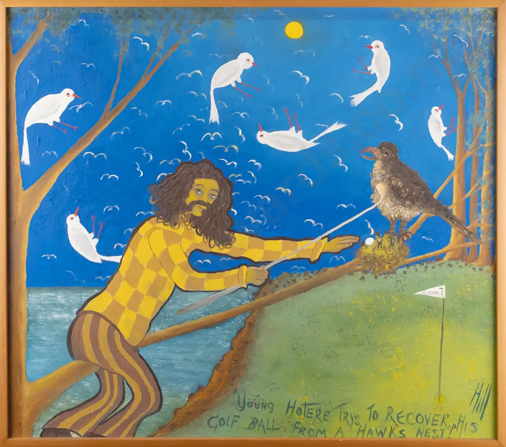 Ivan Hill - framed oil on board "Young Hotere Trys To Recover His Golf Ball" H500 W570 Image 1++