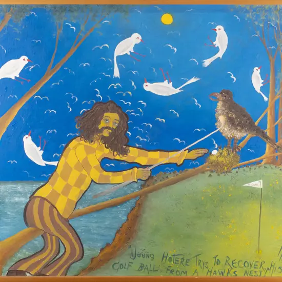 Ivan Hill - framed oil on board "Young Hotere Trys To Recover His Golf Ball" H500 W570