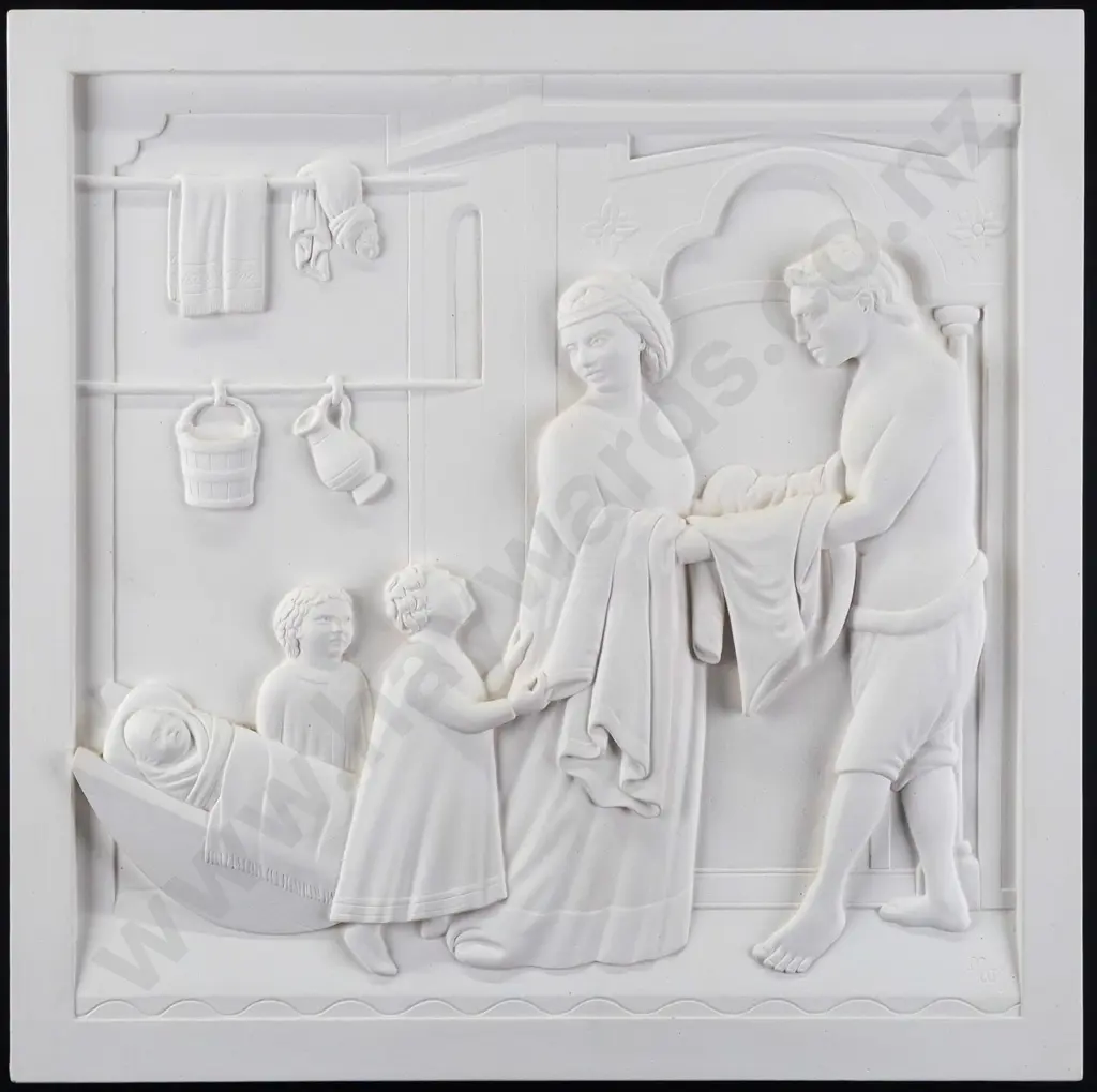 Marcus Wainwright - framed plaster molding of original stone work - medieval family scene H350 W350 Image 1++