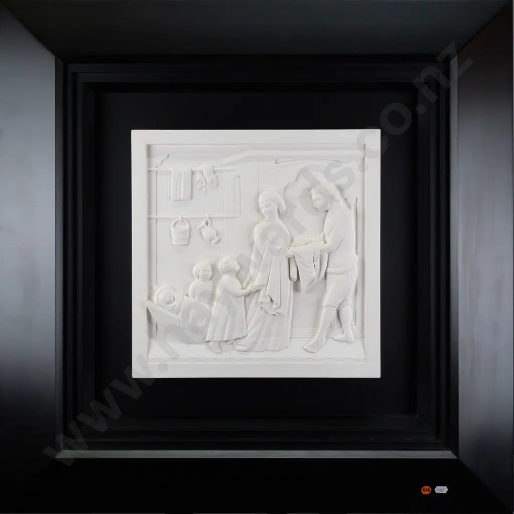 Marcus Wainwright - framed plaster molding of original stone work - medieval family scene H350 W350 Image 1++