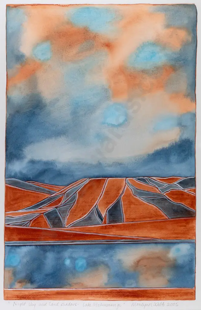 Marilynn Webb 2005 - framed watercolour "Night sky and land shadows: Lake Mahineranga" H560 W360 Image 1++