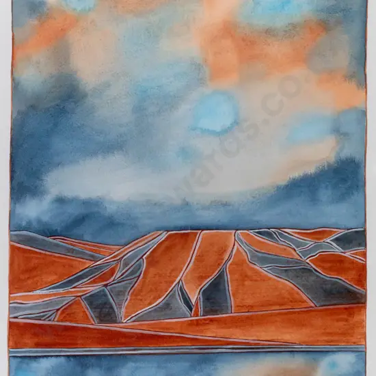 Marilynn Webb 2005 - framed watercolour "Night sky and land shadows: Lake Mahineranga" H560 W360