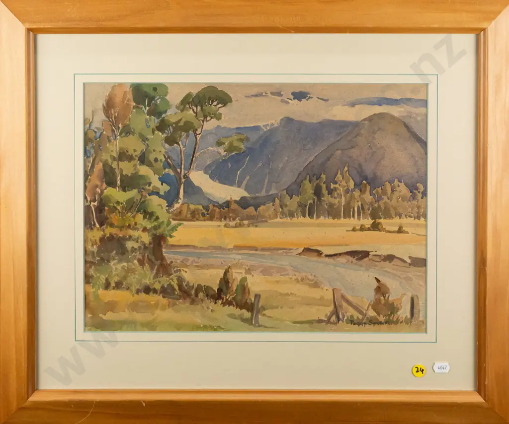 Peggy Spicer - framed watercolour - river and mountain scene H280 W360 Image 1++