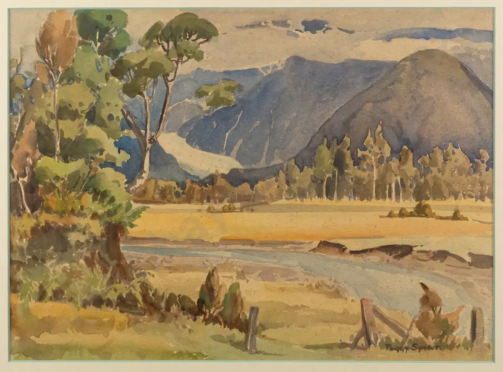 Peggy Spicer - framed watercolour - river and mountain scene H280 W360 Image 1++