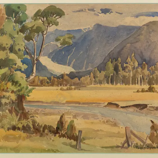 Peggy Spicer - framed watercolour - river and mountain scene H280 W360