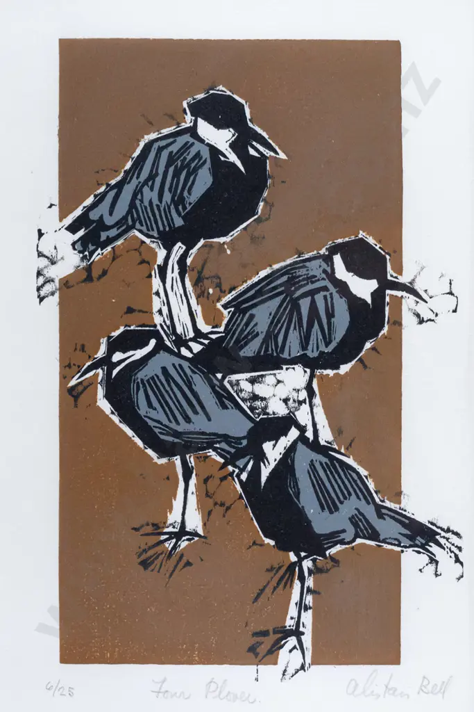 Alistair Bell - framed linocut 6/25 "Four Plover" H230 W160 Image 1++