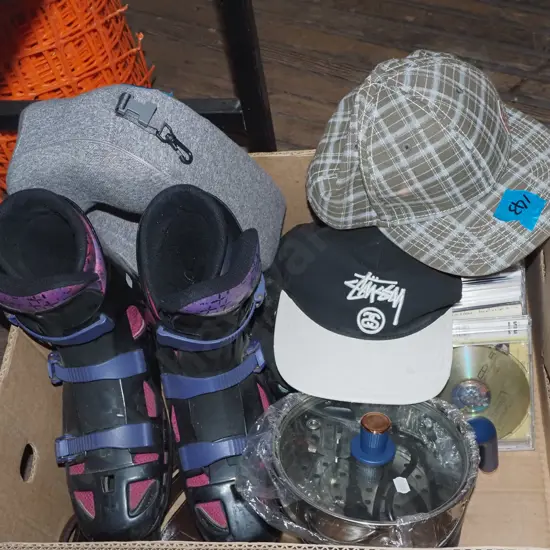 box; roller blades, knee pads, caps etc