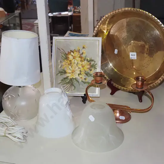 brass bowl, copper candelabra, small painting, table lamp etc
