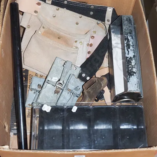 box; builder's belts, vintage rat traps, small shoe last etc