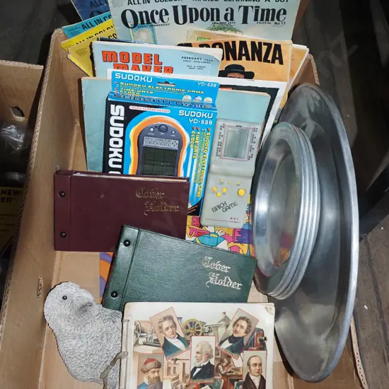 box; alloy ashet and plates, 2x first day cover albums, magazines etc