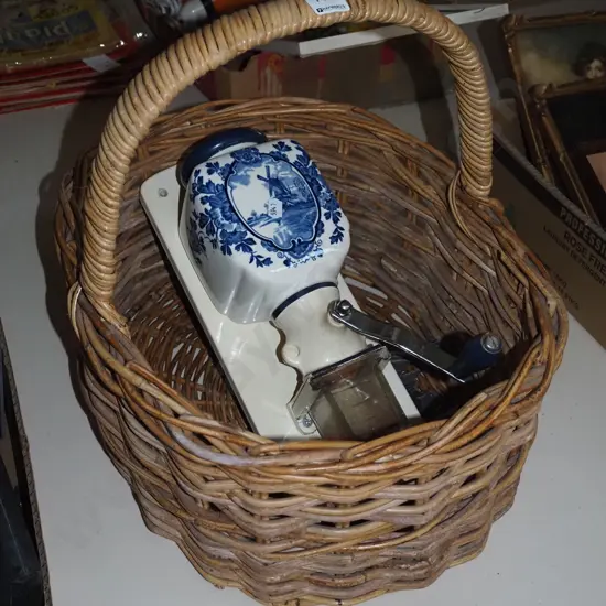 cane basket, delft wall mounted coffee grinder