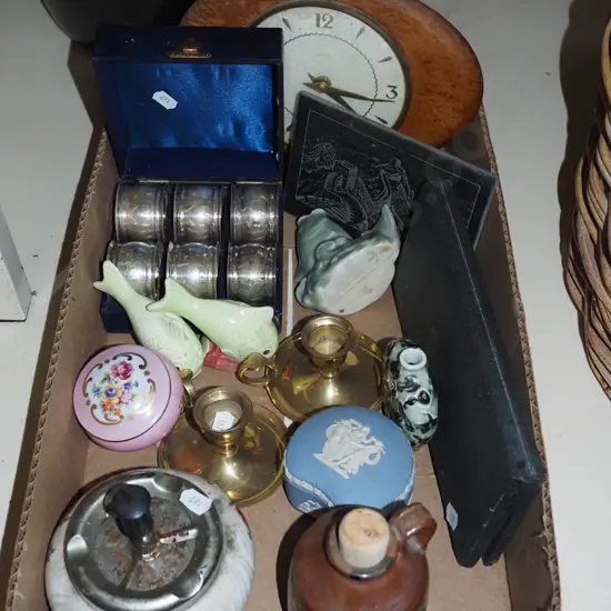 box; napkin rings, clock, salt and peppers, jasperware etc