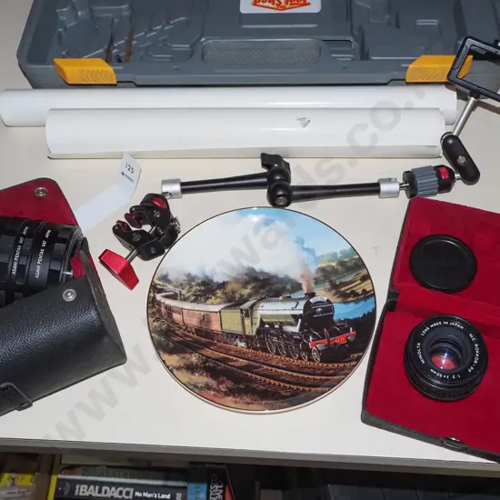 War Birds and Kingston Flyer prints, railway display plate, camera lens, extension tubes, go-pro  clamp mount