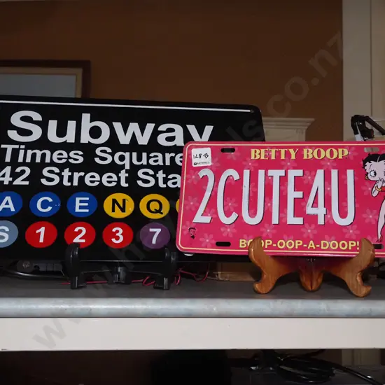 2x prints on tin - New York subway sign, Betty Boop number plate