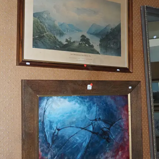 oak framed acrylic abstract, framed NZ historic print - nicotine staining - red dots