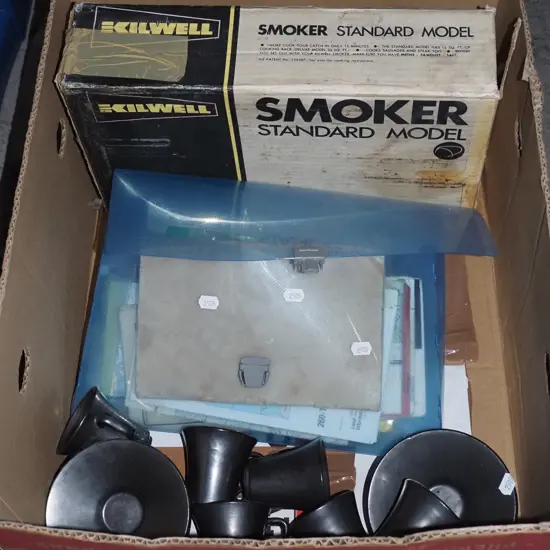 demi-tasse cups, saucers, fish smoker, maps