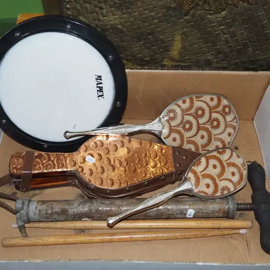 box; drum sticks, drum, bellows etc