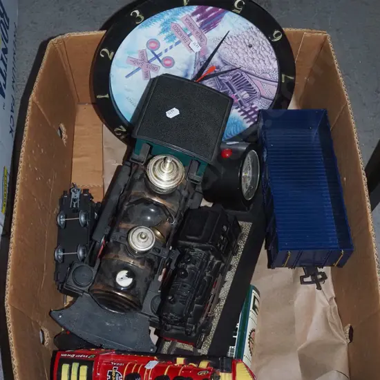 box; wall clock, model trains etc