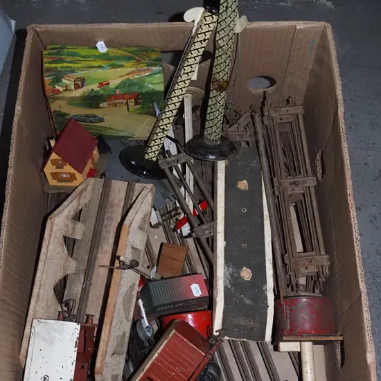 box; vintage Hornby train tracks, carriages etc
