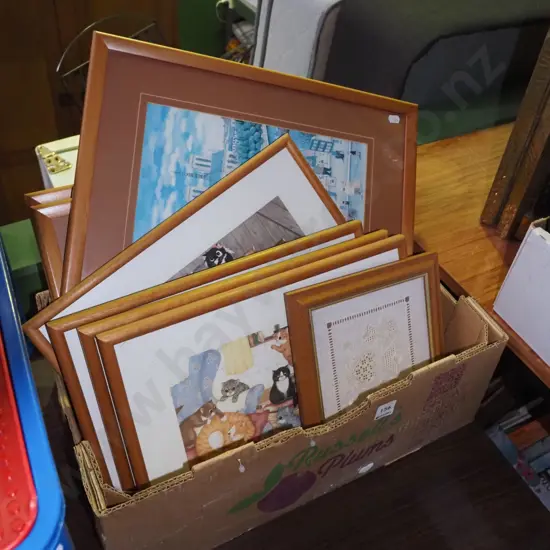 box; framed needleworks, prints