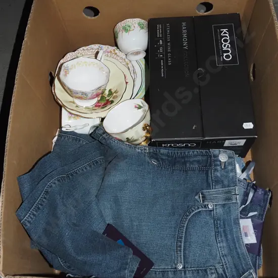 box; jeans, wine glasses, cups, saucers