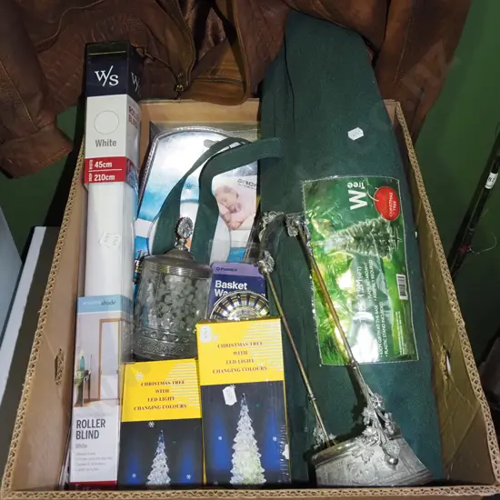 box; roller blinds, Xmas tree, lights, smoke alarm etc