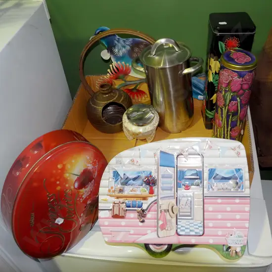 box; various tins, salt pig, pasta cooker