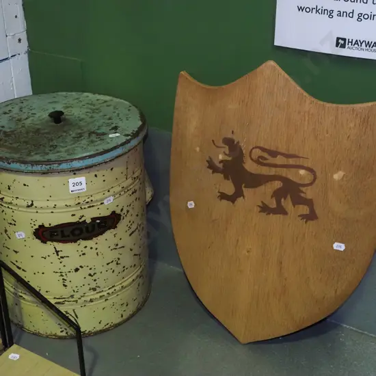 vintage flour bin, plywood shield