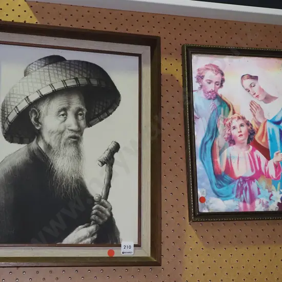 holographic religious print, male portrait - red dots