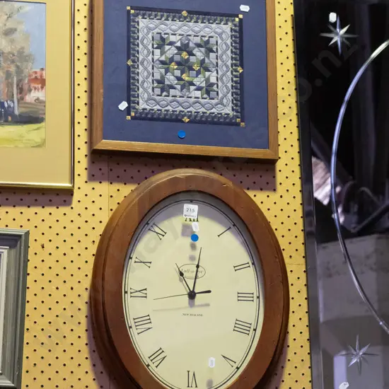 framed needlework, wood framed wall clock - blue dots