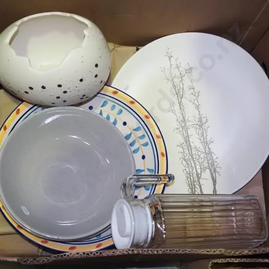 box; water jug, bowls etc