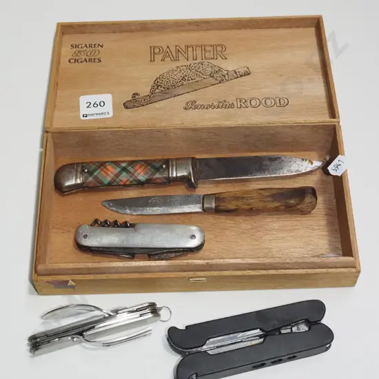 cigar box, pocket knives, utility tool
