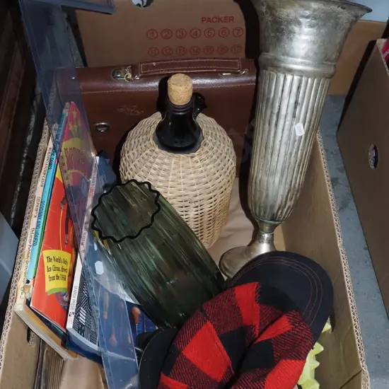 box; green glass vase, draughting square, cap, Asterix books etc
