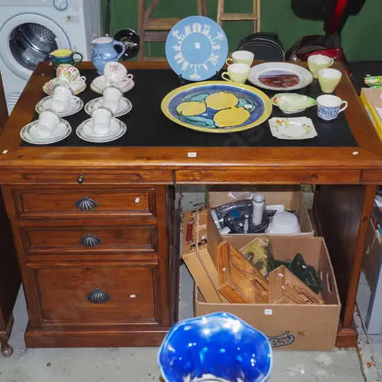 solid pine 2 drawer desk including filing cabinet and vinyl inset top H-830 W-1250 D-800