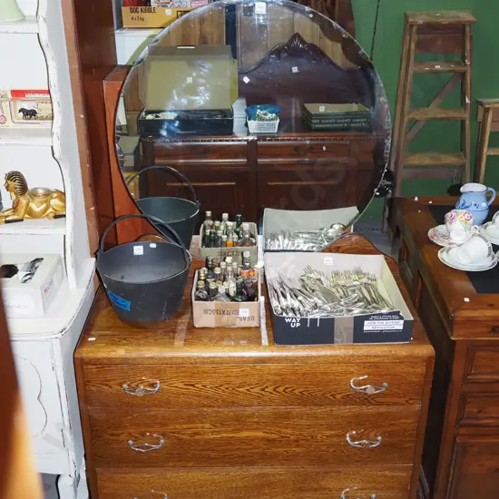 oak 3 drawer mirror back dresser H-1500 W-920 D-430