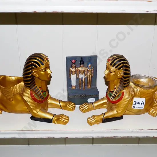Egyptian themed trinket, ornament & 2 sphinx candle holders