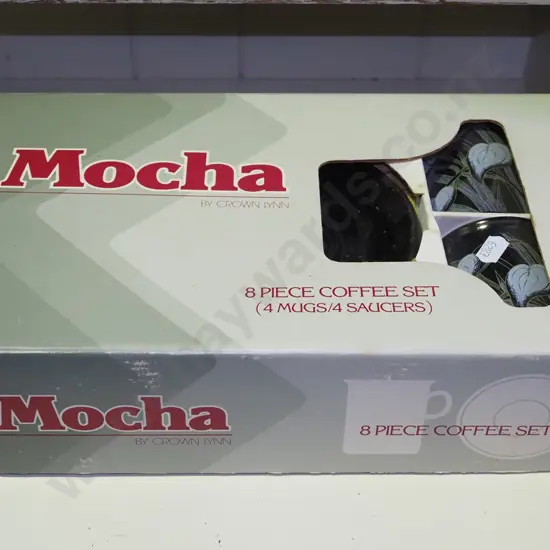 boxed 1980s Crown Lynn Mocha 8 piece coffee set