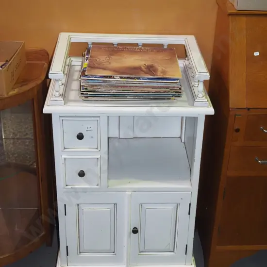 white painted 2 door 2 drawer cabinet with spindle back gallery and square shelf H-920 W-560 D-410