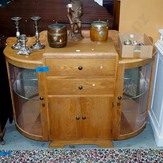 oak deco china cabinet/sideboard with 2 curved perspex side doors - varnish needs attention