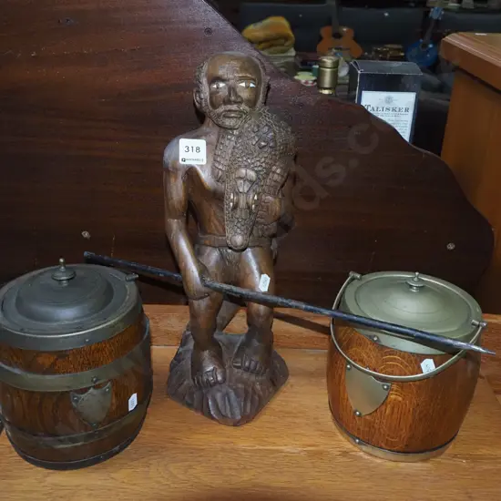 2x oak ice buckets, carved wooden figurine - man with spear H-380