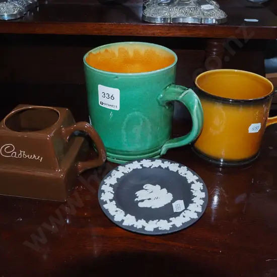 large green ceramic beer mug, Crown Devin frog coffee mug etc