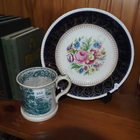 early hunting themed mug - some crazing, floral cabinet plate