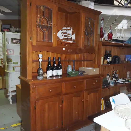 solid pine sideboard - 3 doors, 3 drawers, 3 cut glass leadlight doors H-2060 W-1340 D-450