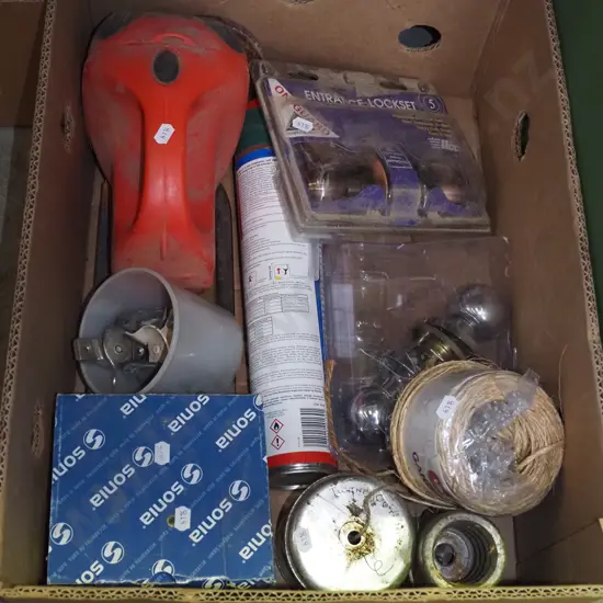 box; torch, twine, door hardware etc