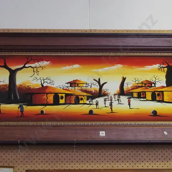 framed acrylic on board - African village scene