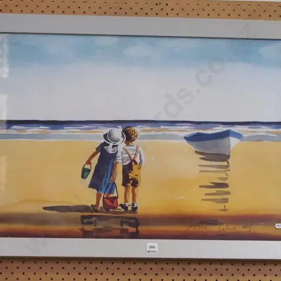 framed watercolour - children on beach