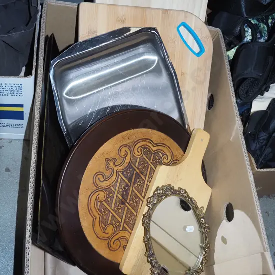 box; chopping boards, serving trays, mirror etc