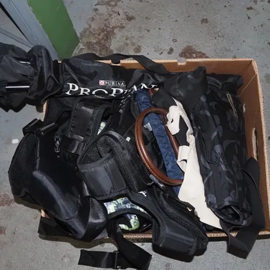 box; holdalls, hand bags, dog harnesses, camping seat